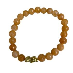 Golden Orange Beaded Stretch Bracelet w/ Gold Pixiu Dragon Charm Luck